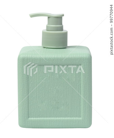 Green plastic container with a dispenser for liquid cosmetics, soap, gel, and shampoo Green plastic container with a dispenser for liquid cosmetics, soap, gel, and shampoo 99770944