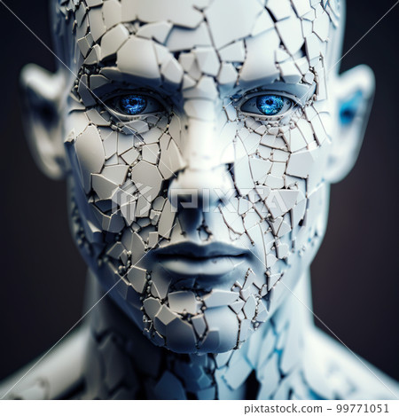 Porcelain white humanoid cyborg with blue glowing eyes. Android. AI - artificial intelligence concept. Portrait of a futuristic android robot Porcelain white humanoid cyborg with blue glowing eyes. Android. AI - artificial intelligence concept. Portrait of a futuristic android robot 99771051