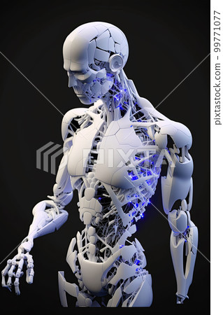 Porcelain white humanoid cyborg with blue glowing eyes. Android. AI - artificial intelligence concept. Portrait of a futuristic android robot Porcelain white humanoid cyborg with blue glowing eyes. Android. AI - artificial intelligence concept. Portrait of a futuristic android robot 99771077