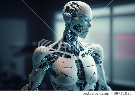 Porcelain white humanoid cyborg with blue glowing eyes. Android. AI - artificial intelligence concept. Portrait of a futuristic android robot Porcelain white humanoid cyborg with blue glowing eyes. Android. AI - artificial intelligence concept. Portrait of a futuristic android robot 99771083