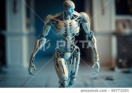 Porcelain white humanoid cyborg with blue glowing eyes. Android. AI - artificial intelligence concept. Portrait of a futuristic android robot Porcelain white humanoid cyborg with blue glowing eyes. Android. AI - artificial intelligence concept. Portrait of a futuristic android robot 99771093