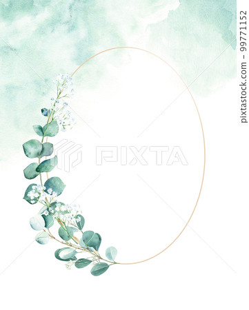 Floral background card. Rustic wedding invitation template with oval frame, eucalyptus and gypsophila branches, green watercolor splashes. For save the date, greeting, baby shower cards and cover Floral background card. Rustic wedding invitation template with oval frame, eucalyptus and gypsophila branches, green watercolor splashes. For save the date, greeting, baby shower cards and cover 99771152