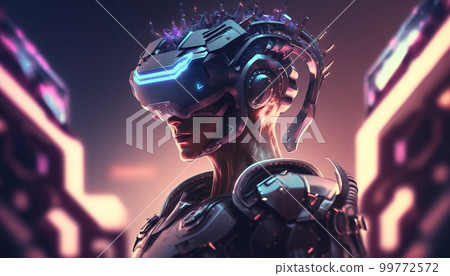 戴著 VR 護目鏡的女性，以令人印象深刻的觸感繪製，高達 4K 或更大尺寸 99772572