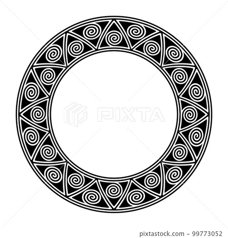 Circle frame, with a pattern made of spirals in triangles. Decorative border, inspired by traditional pottery motifs of the Mimbres, a branch of the prehistoric Mogollon culture of Native Americans. Circle frame, with a pattern made of spirals in triangles. Decorative border, inspired by traditional pottery motifs of the Mimbres, a branch of the prehistoric Mogollon culture of Native Americans. 99773052