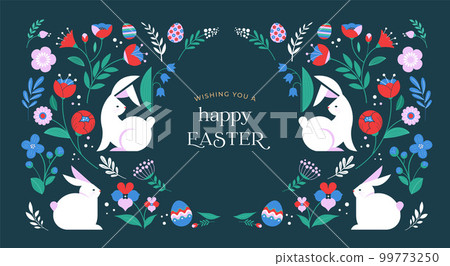 Happy Easter, decorated geometric style Easter card, banner. Bunnies, Easter eggs, flowers and Happy Easter, decorated geometric style Easter card, banner. Bunnies, Easter eggs, flowers and 99773250