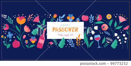 Jewish holiday Passover, Pesach. Greeting card, banner with traditional icons. Springtime concept 99773252