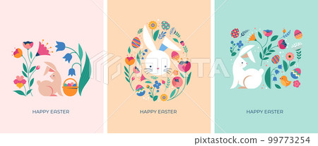 Happy Easter, decorated geometric style Easter cards, banners. Bunnies, Easter eggs, flowers and 99773254