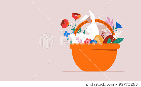 Happy Easter, decorated geometric style Easter card, banner. Bunnies, Easter eggs, flowers and Happy Easter, decorated geometric style Easter card, banner. Bunnies, Easter eggs, flowers and 99773268