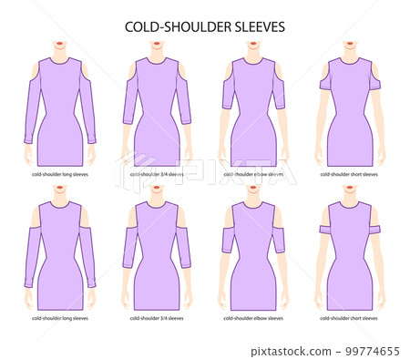 Set of Cold-shoulder sleeves clothes long, 3-4, elbow, short length technical fashion illustration with fitted body Flat Set of Cold-shoulder sleeves clothes long, 3-4, elbow, short length technical fashion illustration with fitted body Flat 99774655
