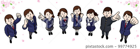 並排擺姿勢和櫻花的八位男女學生 99774925