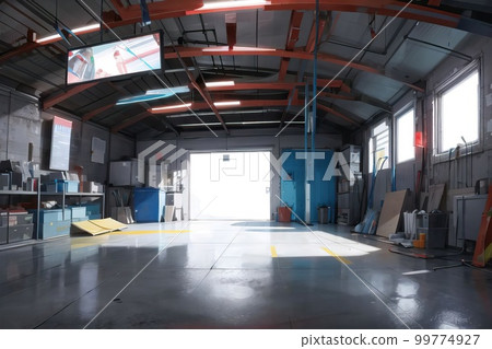 Up to 4K size or more, the interior of the warehouse drawn with a fantastic touch is an impressive background 99774927