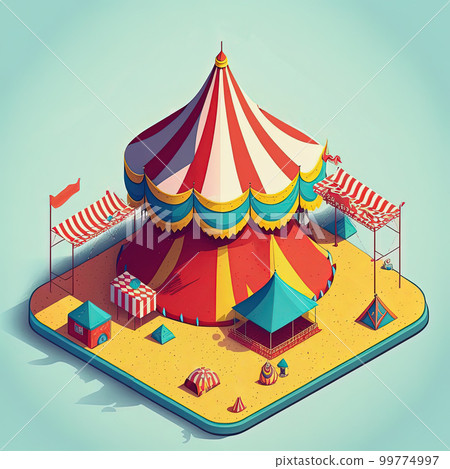 Cartoon isometric circus tent, amusement park on blue background, Generative AI 99774997