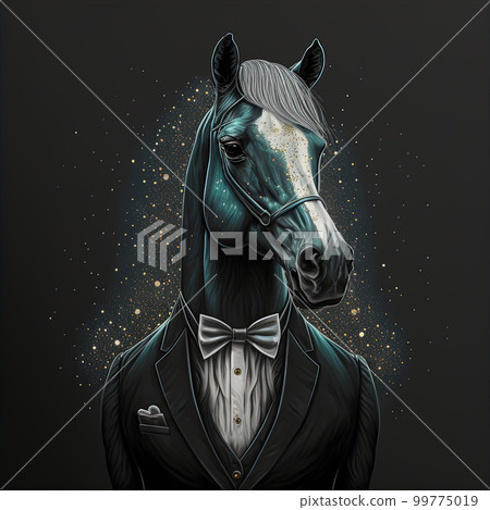 Cool fashion horse in stylish suit and bow tie. Pop art futuristic style in neon colors, lifestyle concept. Generative AI 99775019