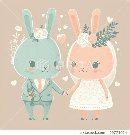 Bunny rabbits bride and groom. Lovely wedding couple. Two cute animals holding hands. Just Married Bunny rabbits bride and groom. Lovely wedding couple. Two cute animals holding hands. Just Married 99775034