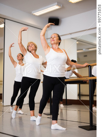 Group of women perform the battement tendu movement, standing in a ballet stance near the barre 99775858