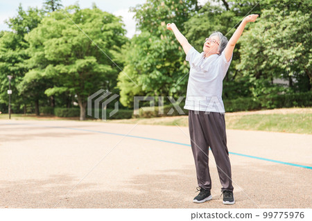 Elderly women exercising, gymnastics and stretching in the park 99775976