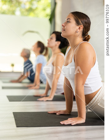 Group of sporty women exercising yoga class making Bhujangasana (Cobra stretch pose) in modern fitness center. Focus on young female Group of sporty women exercising yoga class making Bhujangasana (Cobra stretch pose) in modern fitness center. Focus on young female 99776319