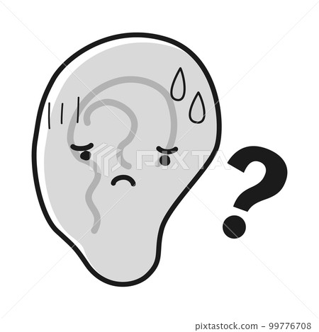 Ear character with a troubled expression (deafness) (black and white) 99776708