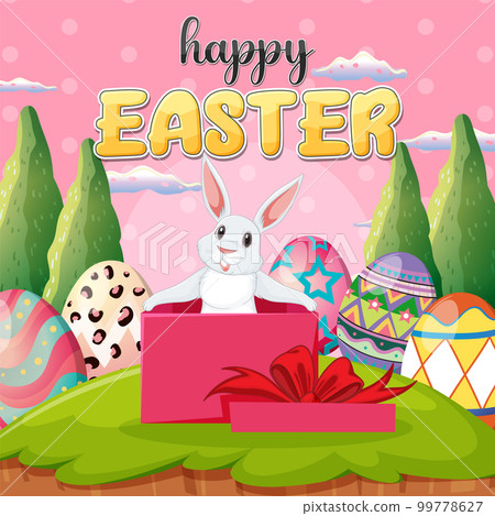 Happy Easter Day Poster with Colorful Eggs and Cute Bunny 99778627