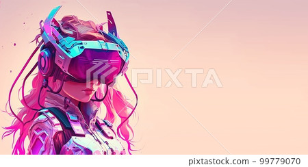 woman using digital artificial intelligence device technology googles headset looking into the world of metaverse augmented reality 99779070