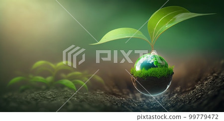 green natural conversation background concept for earth day with plant seed in the forest growing on the planet and water around it 99779472