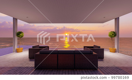 Seaside wooden indoor balcony deck with sofa furniture and beautiful sea view on sunset, 3d rendering 99780169
