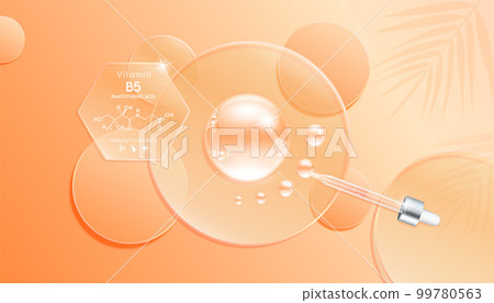 Serum gel drop orange on transparent hexagon glass. Cosmetic product swatch vitamin B5 structure on display podium. Light textured moisturizing face serum clear skincare liquid. Top view 3D Vector. 99780563