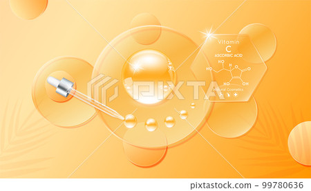 Serum gel drop orange on transparent hexagon glass. Cosmetic product swatch vitamin C structure on display podium. Light textured moisturizing face serum clear skincare liquid. Top view 3D Vector. 99780636