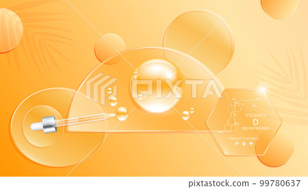Serum gel drop orange on transparent hexagon glass. Cosmetic product swatch vitamin D structure on display podium. 99780637