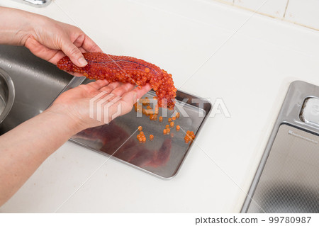 [Make salmon roe pickled in soy sauce from raw salmon roe] 99780987