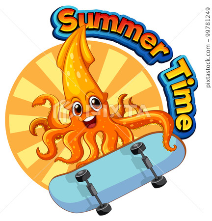 Summer time word with squid cartoon Summer time word with squid cartoon 99781249