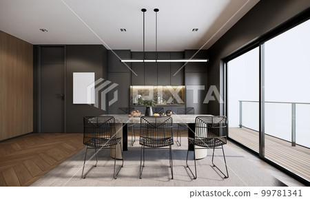 Modern Elegant ideas room interior design and decoration with built in black kitchen counter and dining table, parquet floor, balcony. 3d rendering. 99781341
