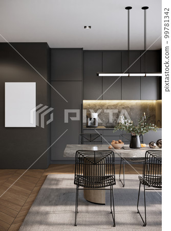 Modern luxury room interior design and decoration with built in black kitchen counter and cabinets, parquet floor. 3d rendering vertical. 99781342