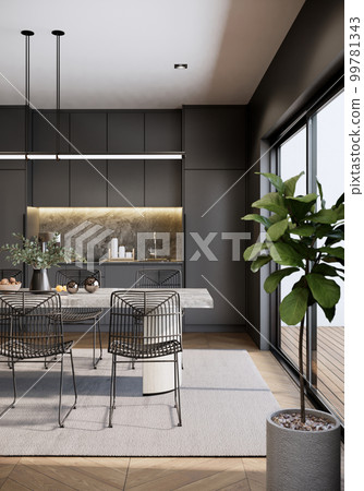 3d rendering vertical. Modern luxury room interior design and decoration with built in black kitchen counter and cabinets, parquet floor. 99781343