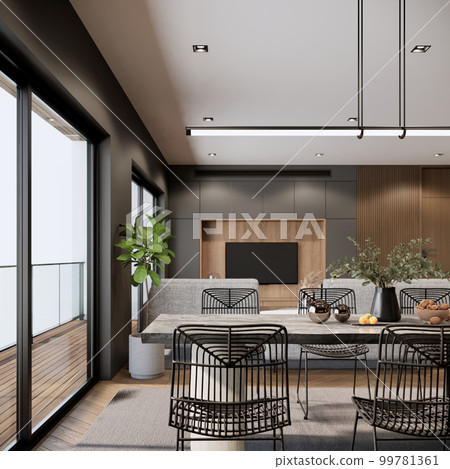 Modern Elegant ideas room interior design and decoration with wood wall and parquet floor, balcony. 3d rendering. Modern Elegant ideas room interior design and decoration with wood wall and parquet floor, balcony. 3d rendering. 99781361