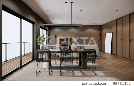 Modern room interior design and decoration with dining table and black chairs, wooden parquet floor built in tv, high floor apartment with balcony. 3d rendering. 99781362