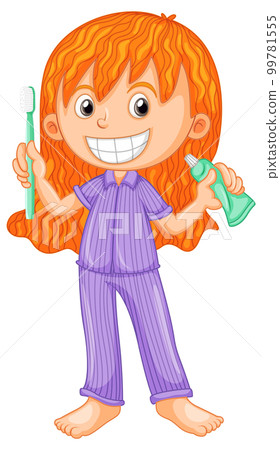 Girl in pyjamas holding toothbrush and toothpaste Girl in pyjamas holding toothbrush and toothpaste 99781555