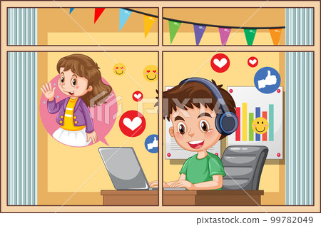 A boy browsing social media on laptop at home 99782049