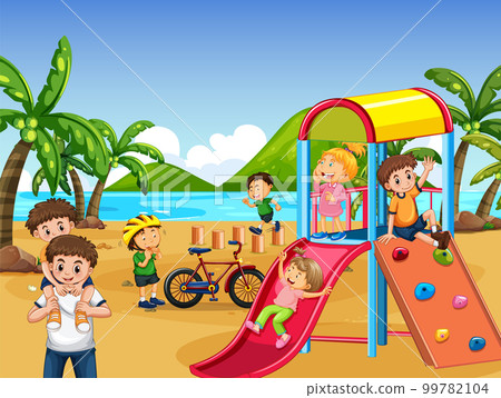 Beach playground with happy children Beach playground with happy children 99782104
