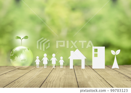 Sprouts on the earth on a green background. Safe living, sustainable society 99783123