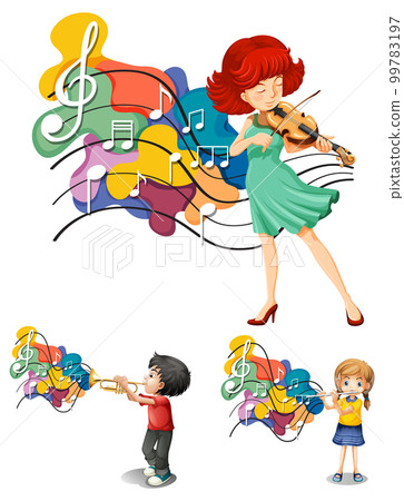Cartoon character with music instruments Cartoon character with music instruments 99783197
