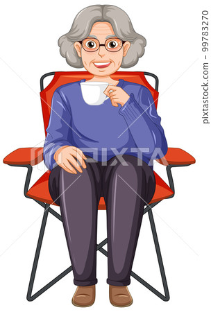 Grandmother drinking coffee sitting on camping chair 99783270