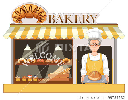 Bakery shop facade with baker man Bakery shop facade with baker man 99783582