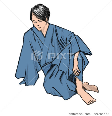 一個穿著和服的男人跪在地上放鬆 一個穿著和服的男人跪在地上放鬆 99784368