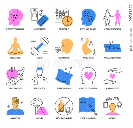 Stress relief methods icon set 99785322