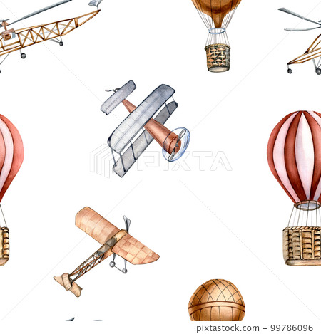Retro air planes vintage style watercolor seamless pattern isolated on white. Retro air planes vintage style watercolor seamless pattern isolated on white. 99786096