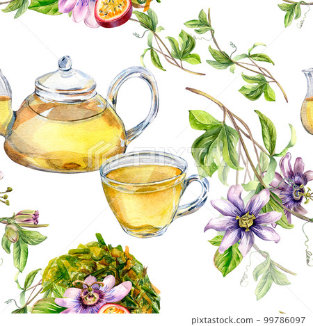 Glass teapot and cup, passion flower, stem watercolor seamless pattern isolated on white. 99786097