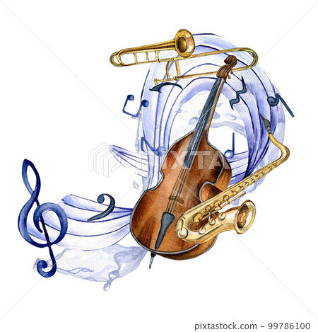 Musical symbols and contrabass watercolor illustration on white. Musical symbols and contrabass watercolor illustration on white. 99786100