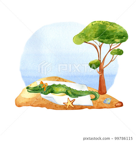 Cartoon crocodile has sunbathing on the beach watercolor illustration isolated on white. Cartoon crocodile has sunbathing on the beach watercolor illustration isolated on white. 99786115