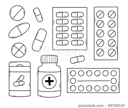 A set of tablets, vitamins and capsules. Medicine icons collection. Vector illustration . Doodle style. Linear Medicines. 99786595